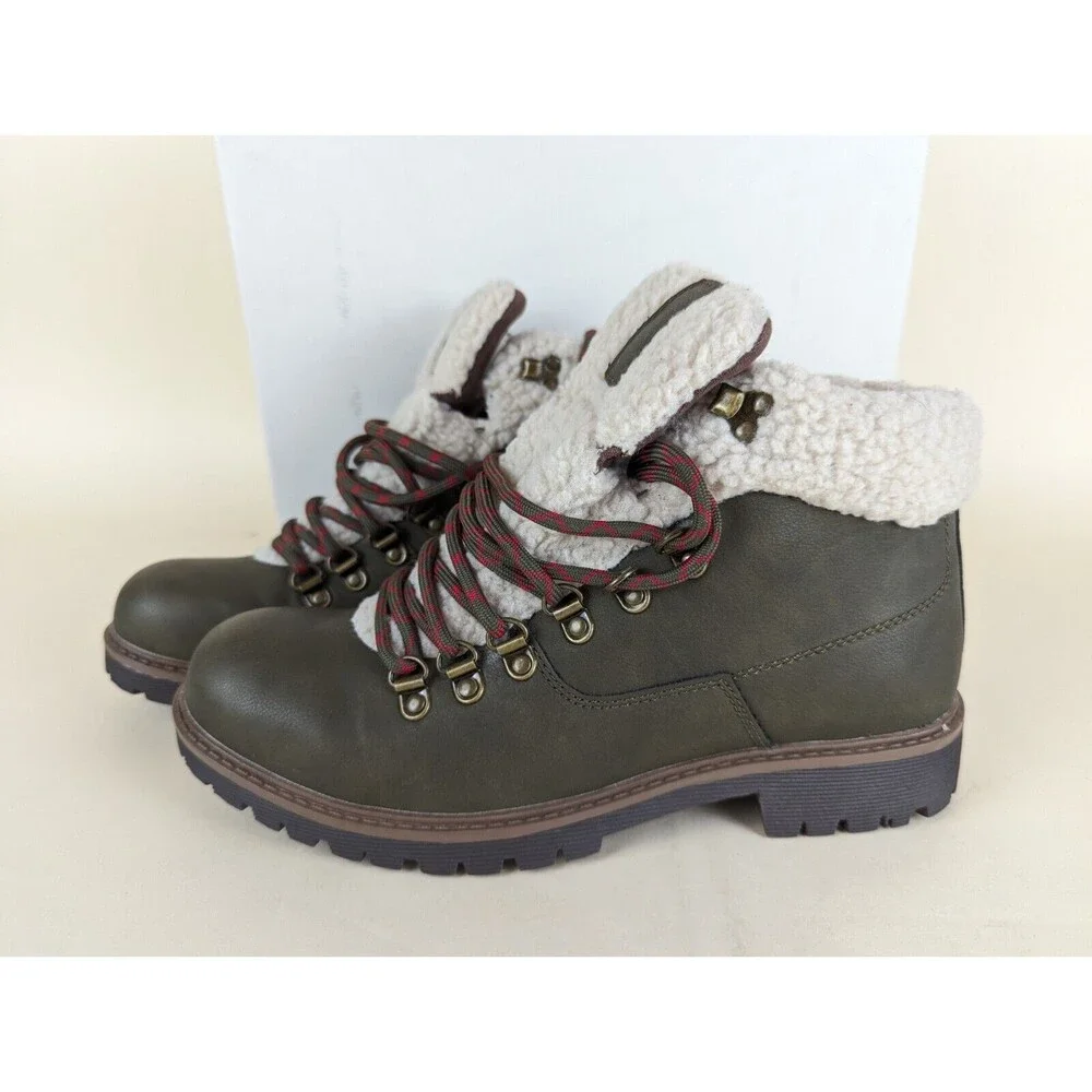 Sun Stone Glenn Winter Boots Mens 7.5 M Olive Faux Fur Trimmed Lace Up Shoes NWB